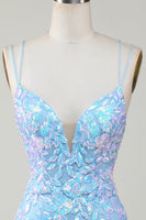 Load image into Gallery viewer, Sparkly Light Blue Spaghetti Straps Tight Short Hoco Dress with Lace