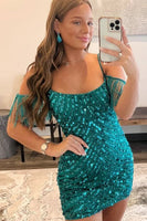Load image into Gallery viewer, Peacock Green Tight Sequins Cocktail Dress with Fringes
