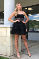 Load image into Gallery viewer, Glitter Black A-Line Corset Tiered Tulle Homecoming Dress