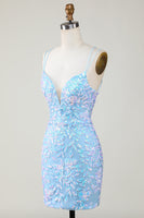 Load image into Gallery viewer, Sparkly Light Blue Spaghetti Straps Tight Short Hoco Dress with Lace