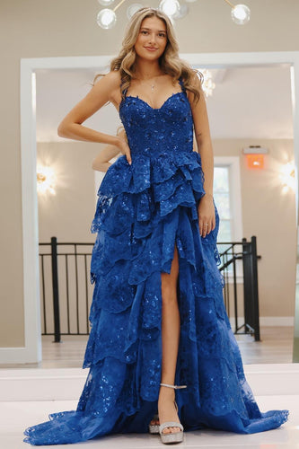 Glitter Royal Blue A Line Long Tiered Appliqued Prom Dress With Slit