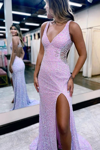 V-Neck Hollow-Out Backless Sequins Mermaid Prom Dress with Slit