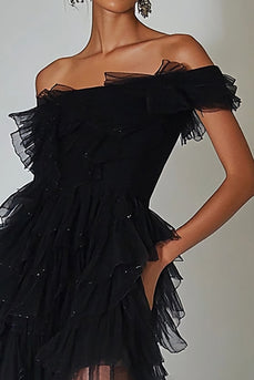 Black Tulle Bodycon Cocktail Dress with Ruffles