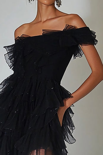 Black Tulle Bodycon Cocktail Dress with Ruffles