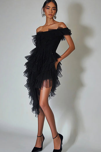 Black Tulle Bodycon Cocktail Dress with Ruffles