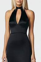 Load image into Gallery viewer, Black Satin High-Neck Long Mermaid Formal Dress with Keyhole