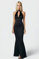 Load image into Gallery viewer, Black Satin High-Neck Long Mermaid Formal Dress with Keyhole
