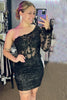 Load image into Gallery viewer, Sparkly Pink One Shoulder Bodycon Laced Homecoming Dress with Feathers