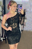 Load image into Gallery viewer, Sparkly Pink One Shoulder Bodycon Laced Homecoming Dress with Feathers