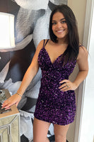 Load image into Gallery viewer, Blue Spaghetti Straps Bodycon Homecoming Dress with Sequins