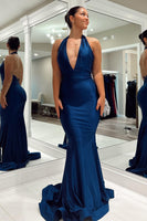 Load image into Gallery viewer, Dark Blue Mermaid Backless Long Prom Dress