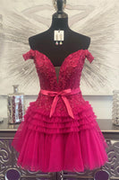 Load image into Gallery viewer, Fuchsia A-Line Off The Shoulder Homecoming Dress With Belt