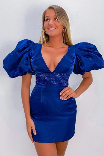 Sparkly Red Bodycon Beaded Homecoming Dress with Puff Sleeves