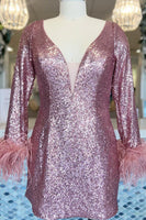 Load image into Gallery viewer, Sparkly Fuchsia Sequined Long Sleeves Homecoming Dress with Feathers