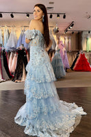 Load image into Gallery viewer, Navy Off The Shoulder Tiered Prom Dress