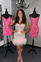 Load image into Gallery viewer, Light Blue Spaghetti Straps Tight Homecoming Dress with Feather