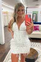 Load image into Gallery viewer, Sparkly Blue V-Neck Bodycon Sequined Homecoming Dress with Feathers