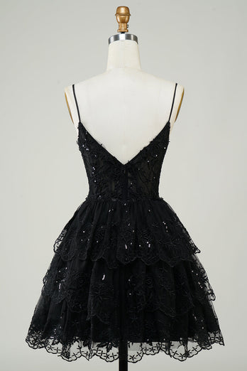 Sparkly Navy Spaghetti Straps Sequins Short Homecoming Dress