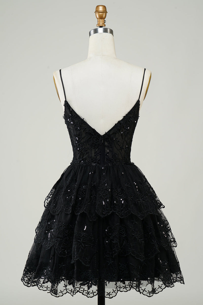 Load image into Gallery viewer, Sparkly Navy Spaghetti Straps Sequins Short Homecoming Dress