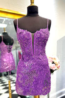 Load image into Gallery viewer, Sparkly Purple Spaghetti Straps Tight Short Homecoming Dress with Sequins
