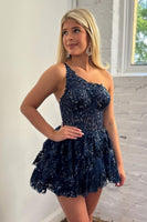 Load image into Gallery viewer, A Line One Shoulder Black Corset Homecoming Dress with Sequins