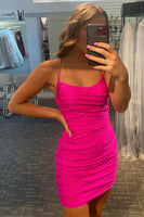 Load image into Gallery viewer, Rose Pink Lace Up Spaghetti Straps Short Homecoming Dress Pink Party Dress