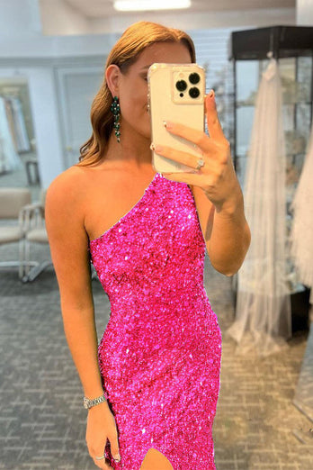Glitter Black One Shoulder Sequins Long Prom Dress with Slit