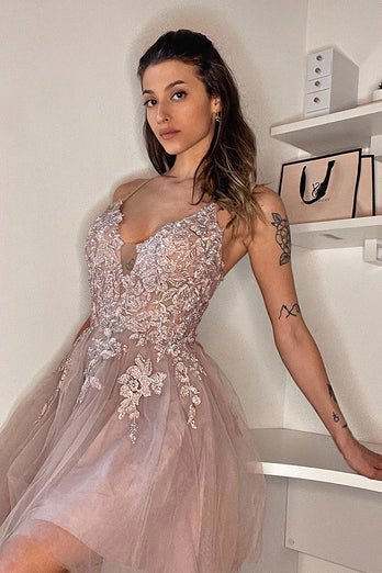 Blush A Line Spaghetti Straps Short Homecoming Dress with Criss Cross Back