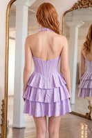 Load image into Gallery viewer, Sparkly Yellow Tiered Short Corset Homecoming Dress with Ruffles