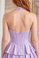 Load image into Gallery viewer, Sparkly Yellow Tiered Short Corset Homecoming Dress with Ruffles