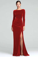 Load image into Gallery viewer, Burgundy Velvet Boat Neck Ruched Long Sleeves Holiday Party Dress