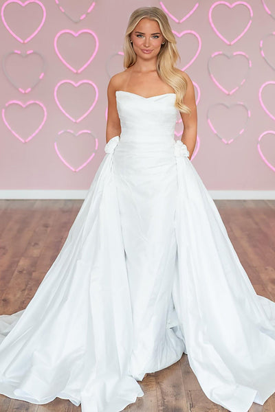 White Satin A-Line Strapless Long Prom Dress with Cape