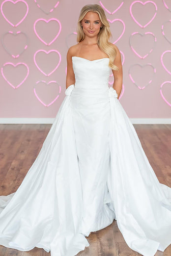 White Satin A-Line Strapless Long Prom Dress with Cape