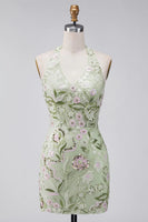 Load image into Gallery viewer, Sage Green Floral Halter Tight Short Corset Homecoming Dress