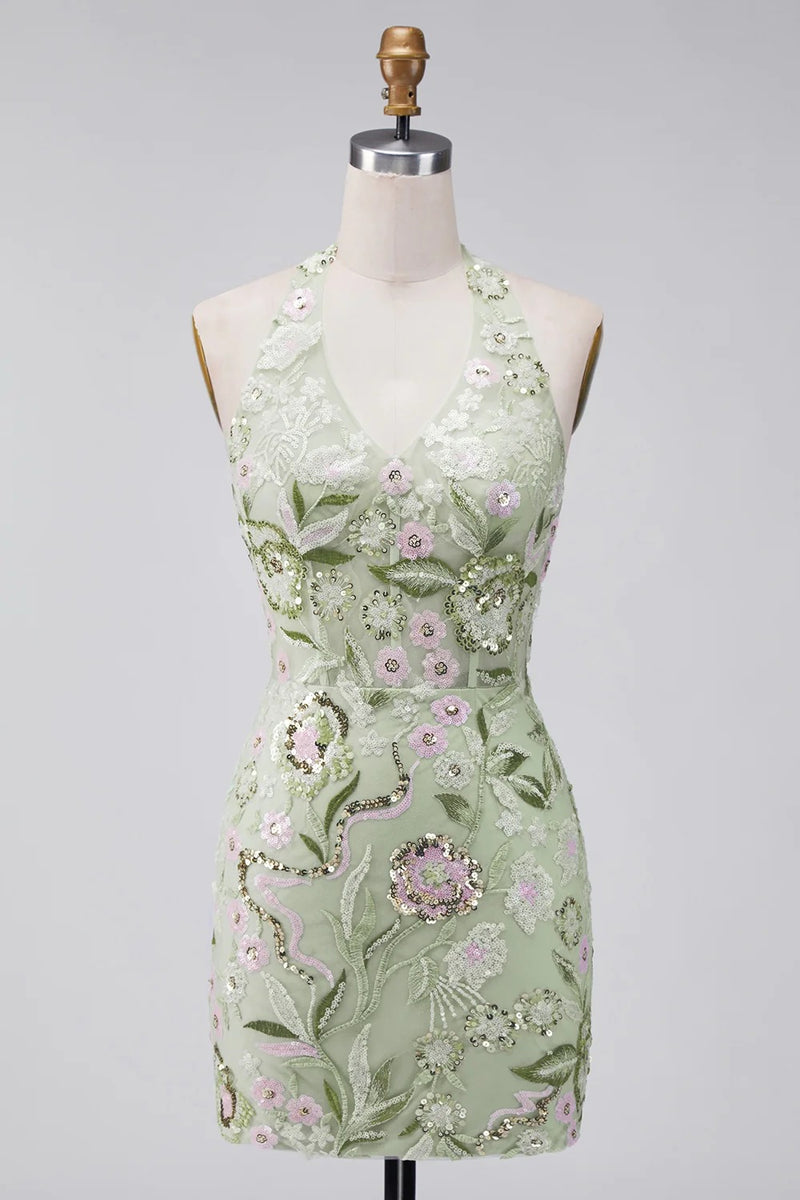 Load image into Gallery viewer, Sage Green Floral Halter Tight Short Corset Homecoming Dress