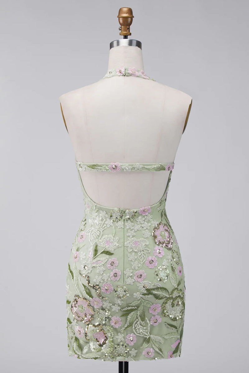 Load image into Gallery viewer, Sage Green Floral Halter Tight Short Corset Homecoming Dress
