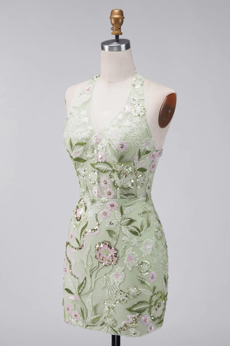 Load image into Gallery viewer, Sage Green Floral Halter Tight Short Corset Homecoming Dress