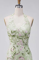Load image into Gallery viewer, Sage Green Floral Halter Tight Short Corset Homecoming Dress