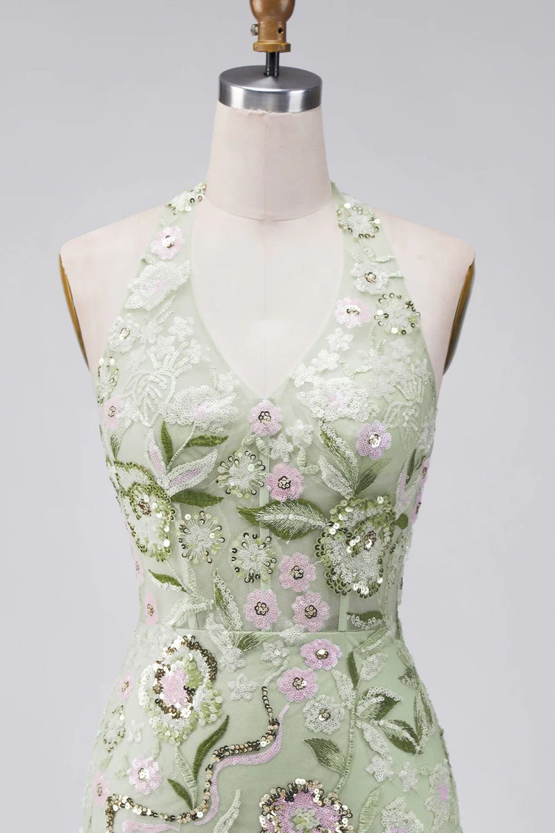 Load image into Gallery viewer, Sage Green Floral Halter Tight Short Corset Homecoming Dress