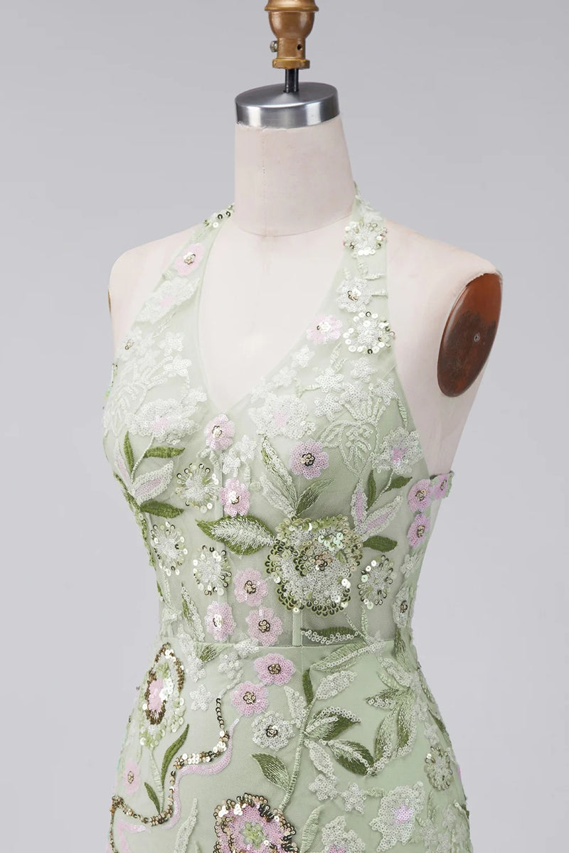 Load image into Gallery viewer, Sage Green Floral Halter Tight Short Corset Homecoming Dress