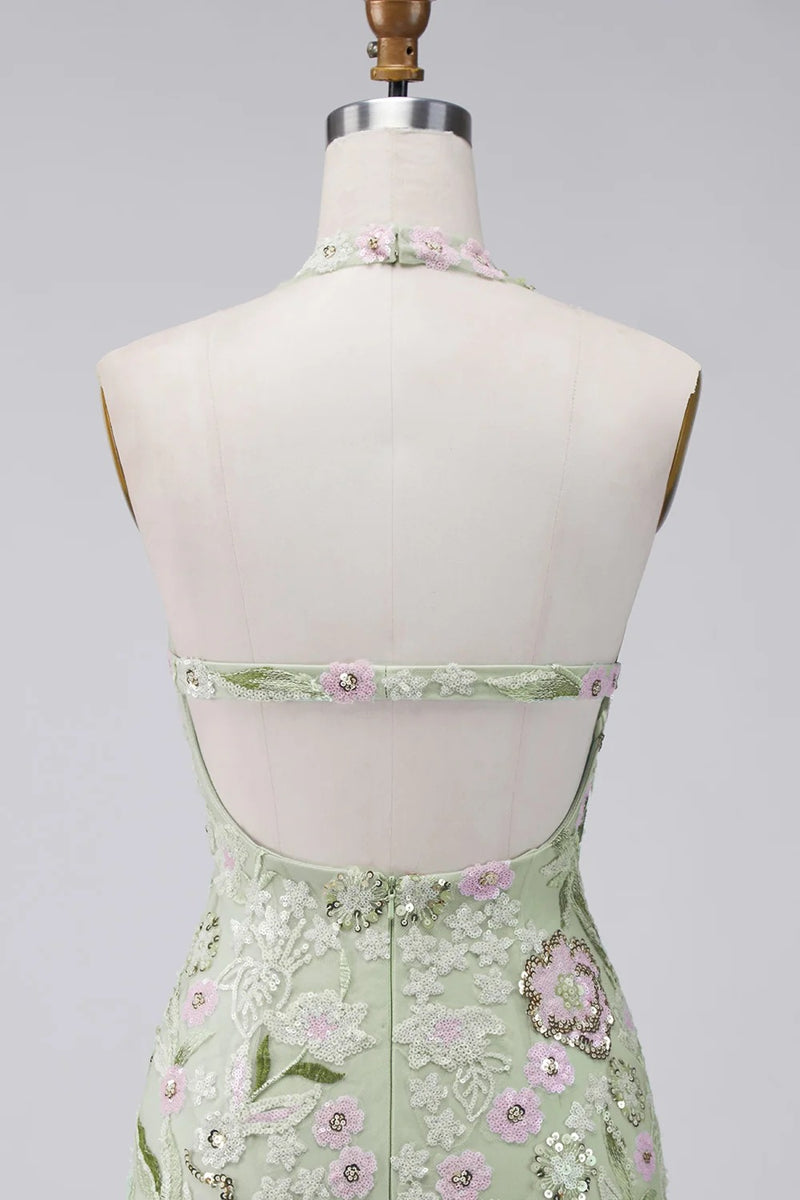 Load image into Gallery viewer, Sage Green Floral Halter Tight Short Corset Homecoming Dress