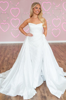 White Satin A-Line Strapless Long Prom Dress with Cape