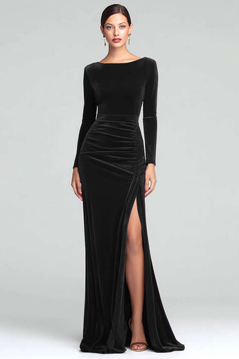 Burgundy Velvet Boat Neck Ruched Long Sleeves Holiday Party Dress