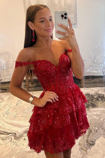 Sparkly A Line Off the Shoulder Lilac Corset Homecoming Dress with Tiered Lace