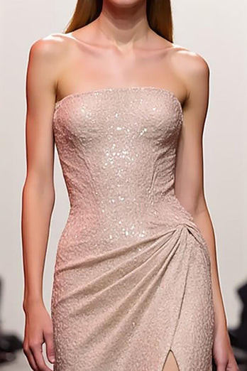 Sparkly Champagne Strapless Sequins Long Evening Dress with Slit
