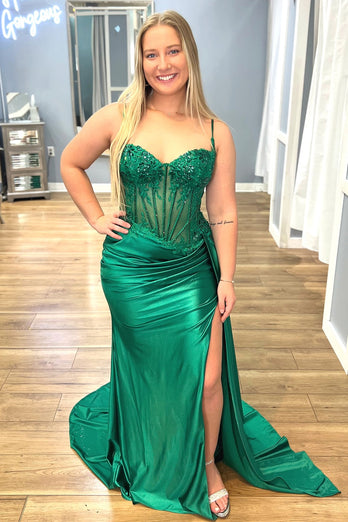 Spaghetti Straps Mermaid Silver Corset Ruched Prom Dress With Slit