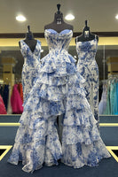 Load image into Gallery viewer, Floral White Blue A Line Tiered Long Corset Prom Dress with Ruffles