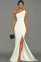 Load image into Gallery viewer, Dark Green Satin One Shoulder Mermaid Long Formal Dress with Slit