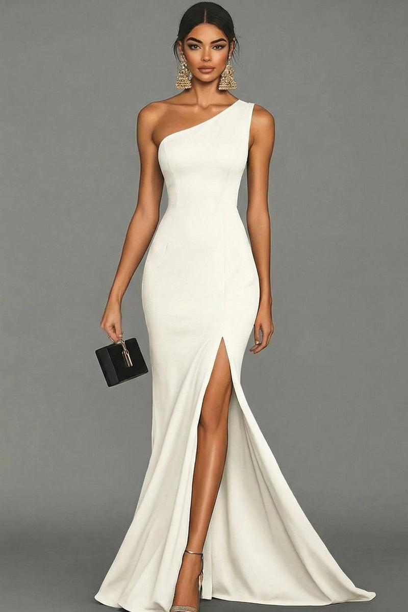 Load image into Gallery viewer, Dark Green Satin One Shoulder Mermaid Long Formal Dress with Slit