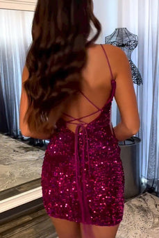Sparkly Fuchsia Spaghetti Straps Sequin Tight Homecoming Dresses for Teens